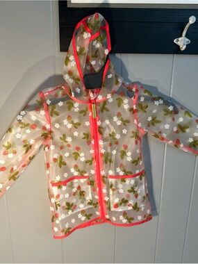 Cat & Jack Clear Floral Hooded Rain Jacket Bright Pink Trim and strawberries